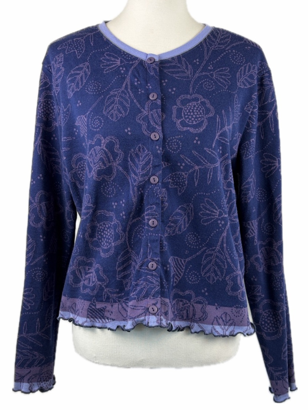 Gundrun Sjoden Floral Leaf Print Purple Cardigan Size L Whimsical Artsy Cotton